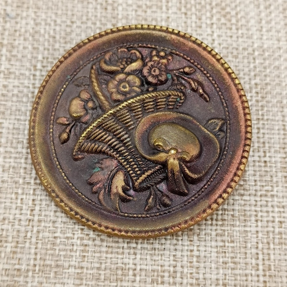 Victorian Antique Brass Button 38mm 1.5" Pictorial Basket Flowers Hat Tinted